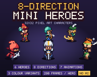 8-Direction Mini Heroes — 6 Animated Pixel Characters cover
