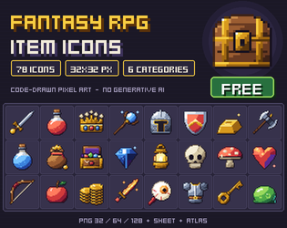 Fantasy RPG Item Icons - Free 32x32 Pixel Art Pack (78 Icons) cover