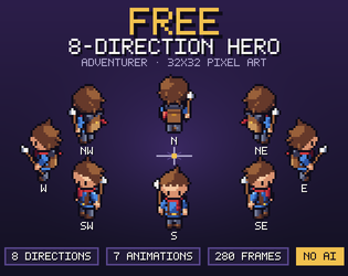 Free 8-Direction Hero — Adventurer (32x32 Pixel Art, 280 Frames) cover